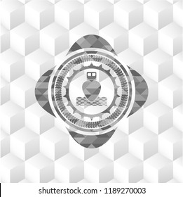 ship icon inside grey badge with geometric cube white background