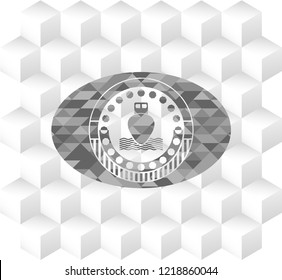 ship icon inside grey badge with geometric cube white background