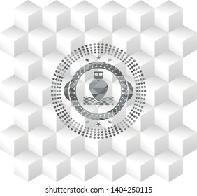 ship icon inside grey badge with geometric cube white background