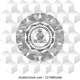 ship icon inside grey emblem. Vintage with geometric cube white background