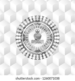 ship icon inside grey emblem. Retro with geometric cube white background