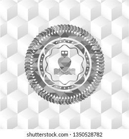 ship icon inside grey emblem with cube white background