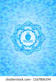 ship icon inside light blue emblem with mosaic ecological style background