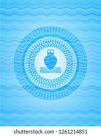 ship icon inside light blue water wave emblem.