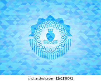 ship icon inside light blue emblem with mosaic background