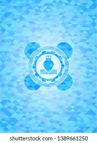 ship icon inside light blue emblem. Mosaic background