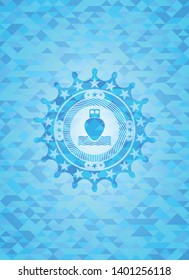 ship icon inside light blue emblem. Mosaic background