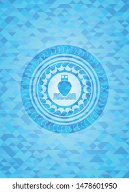 ship icon inside light blue emblem with mosaic ecological style background