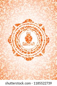 ship icon inside orange tile background illustration. Square geometric mosaic seamless pattern with emblem inside.