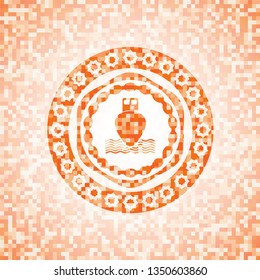 ship icon inside orange tile background illustration. Square geometric mosaic seamless pattern with emblem inside.
