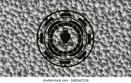 ship icon inside realistic black emblem with grey bubbles background. Vector Illustration. Detailed.