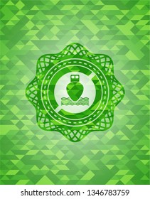 ship icon inside realistic green emblem. Mosaic background
