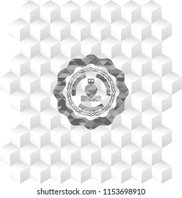 ship icon inside realistic grey emblem with geometric cube white background