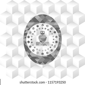 ship icon inside realistic grey emblem with cube white background