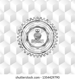 ship icon inside realistic grey emblem with cube white background