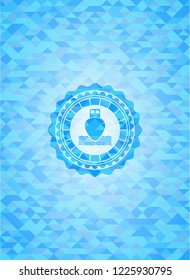 ship icon inside realistic light blue mosaic emblem