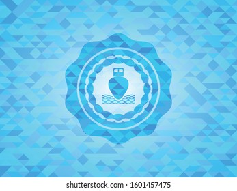 ship icon inside realistic light blue emblem. Mosaic background