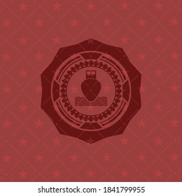 ship icon inside realistic red emblem. 