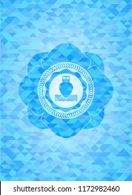 ship icon inside realistic sky blue emblem. Mosaic background