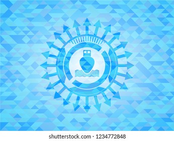 ship icon inside realistic sky blue mosaic emblem