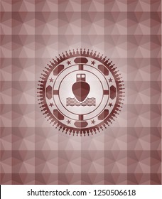 ship icon inside red emblem or badge with abstract geometric pattern background. Seamless.