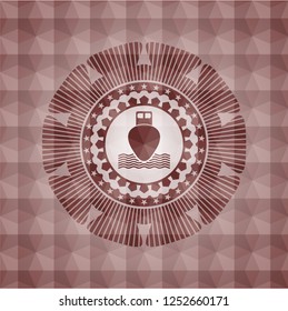 ship icon inside red emblem or badge with abstract geometric polygonal pattern background. Seamless.