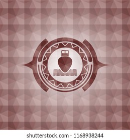 ship icon inside red seamless emblem with geometric pattern background.