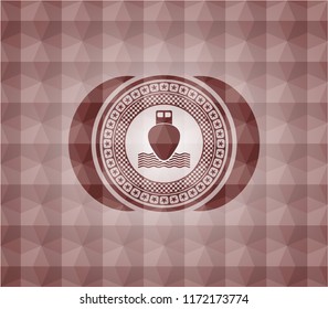 ship icon inside red seamless emblem or badge with geometric pattern background.