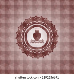 ship icon inside red seamless emblem with geometric pattern background.