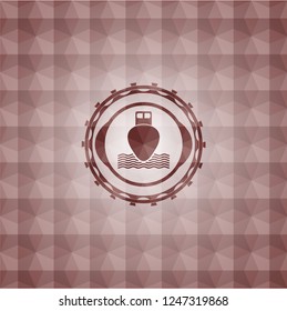 ship icon inside red seamless emblem with geometric pattern.