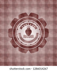 ship icon inside red seamless emblem or badge with abstract geometric pattern background.