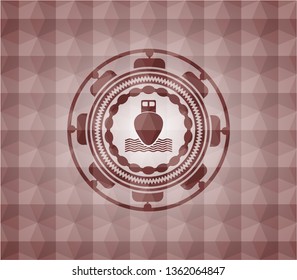 ship icon inside red seamless emblem or badge with abstract geometric pattern background.