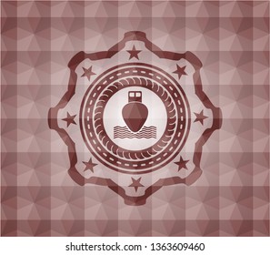 ship icon inside red seamless emblem or badge with geometric pattern background.