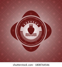 ship icon inside retro red emblem. 