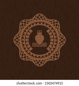 ship icon inside retro style wood emblem
