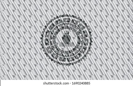 ship icon inside shiny silver emblem. Scales pattern. Vector Illustration. Detailed.