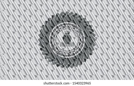 ship icon inside silver emblem or badge. Scales pattern. Vector Illustration. Detailed.