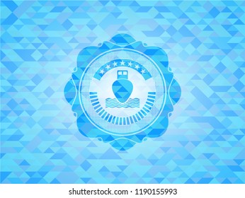 ship icon inside sky blue mosaic emblem