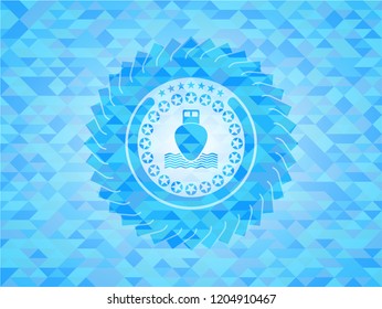 ship icon inside sky blue emblem with mosaic ecological style background