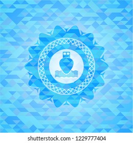 ship icon inside sky blue emblem with mosaic ecological style background