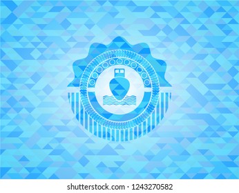 ship icon inside sky blue emblem with mosaic ecological style background