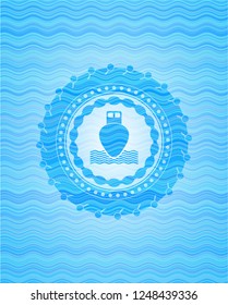 ship icon inside sky blue water wave emblem background.