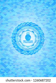 ship icon inside sky blue emblem with triangle mosaic background