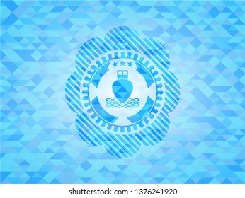 ship icon inside sky blue emblem. Mosaic background