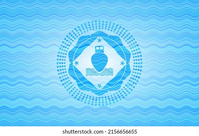 ship icon inside sky blue water emblem background. 