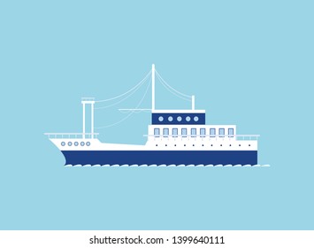 Ship icon isolated on blue. Vector boat
