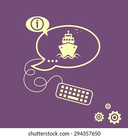 Ship icon and keyboard design elements. Line icons for application development, web page coding and programming, creative process