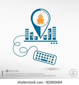 Ship icon and keyboard. Line icons for application development, creative process.