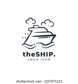 Ship icon logo cute doodle hand drawn. Boat travel minimal drawing vector illustration.