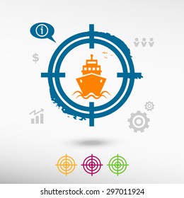 Ship icon on target icons background. Flat illustration.